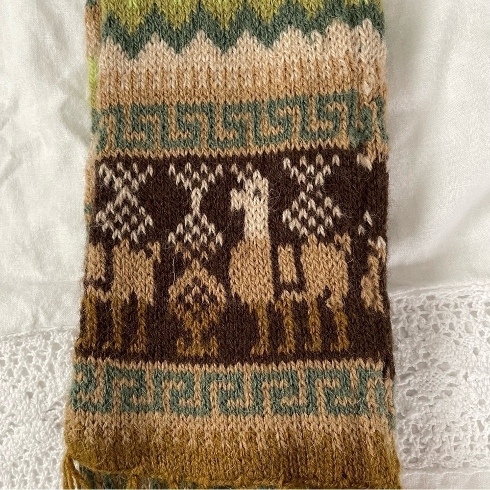 Llama Alpaca Print Scarf Wool Blend Green Brown